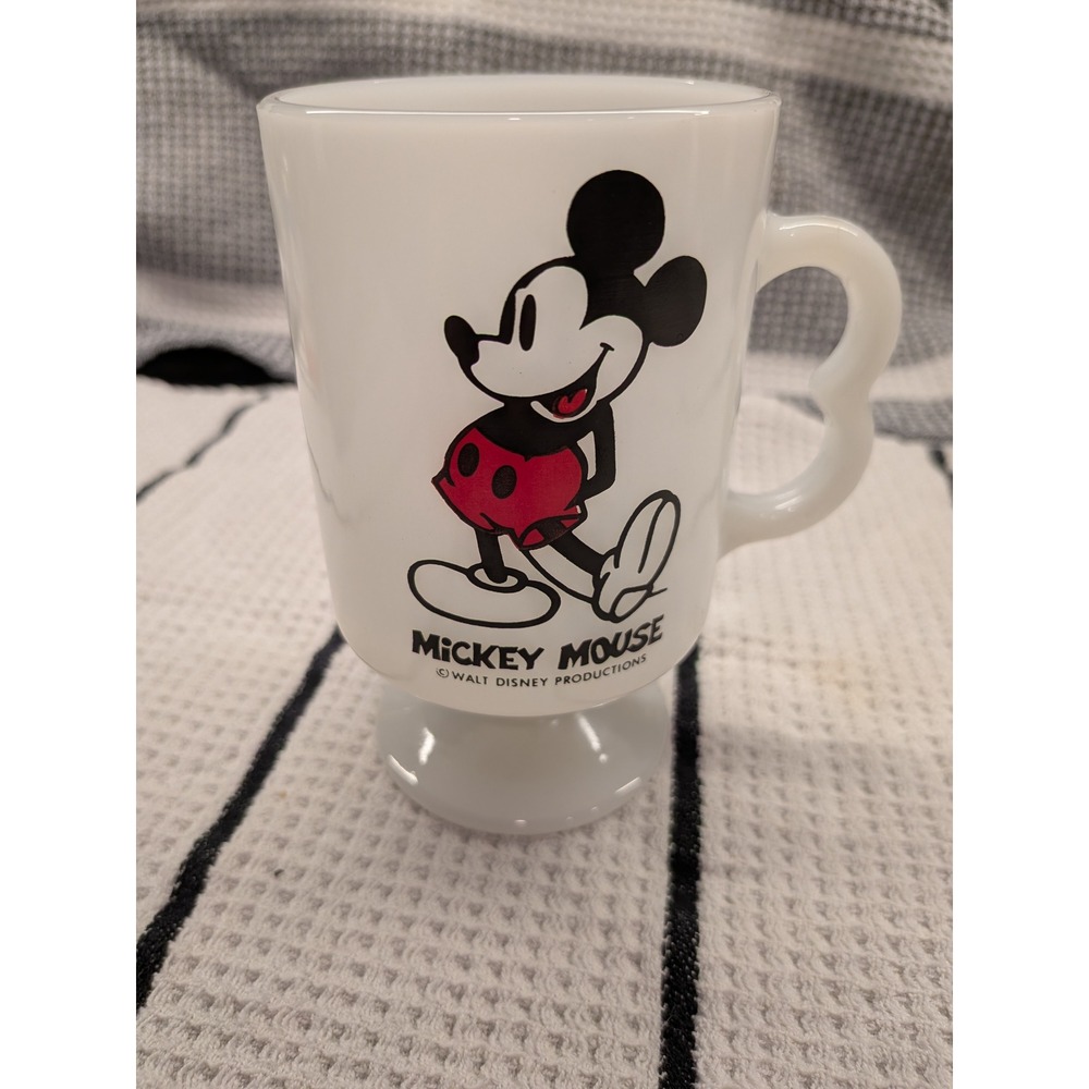 Vintage Mickey Mouse Milk Glass Pedestal Mug Walt Disney Productions White Mug
